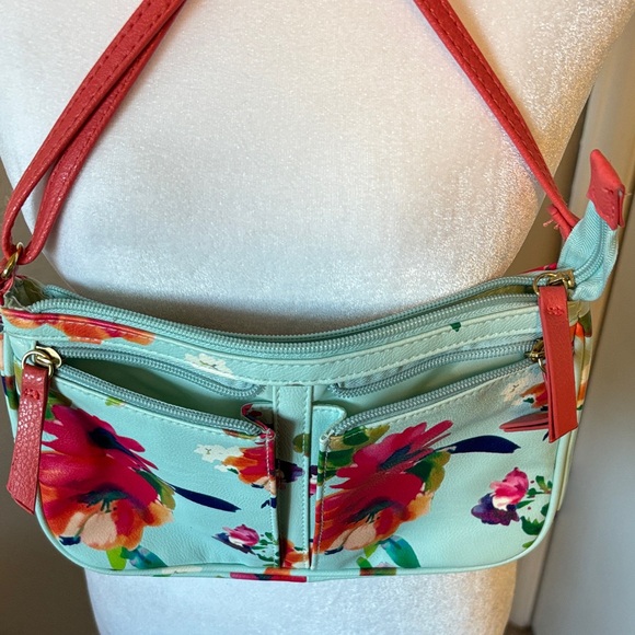 Blue and Coral Floral Shoulder Bag - Picture 3 of 7